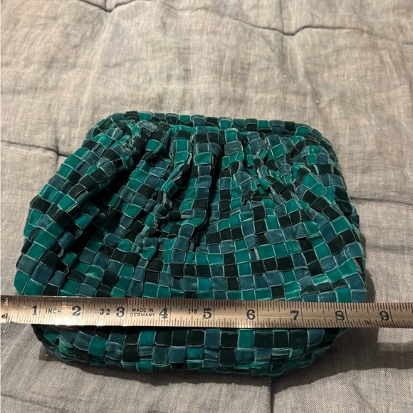 Anthropologie Velvet Woven Clutch Turquoise/Green  with Gold Chain - Picture 9 of 9